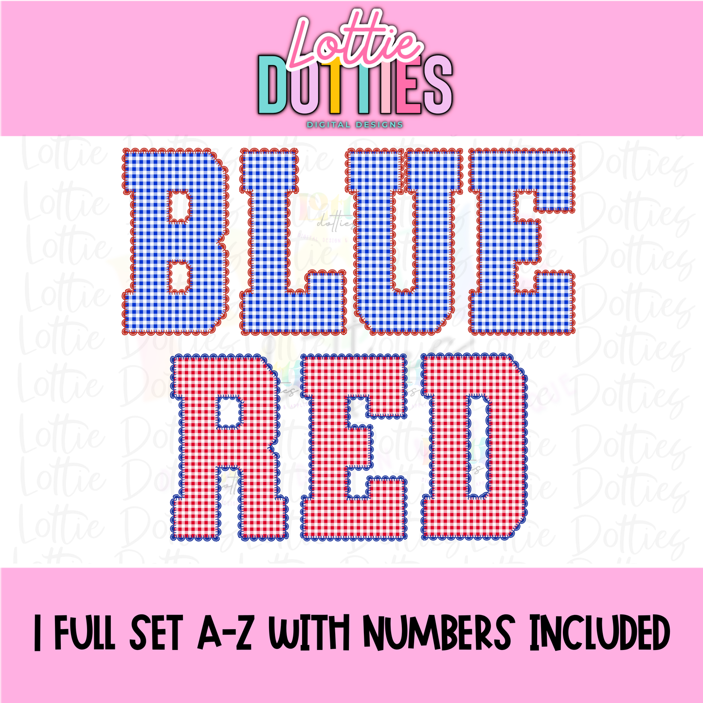 Red and Royal Gingham Lace Spirit Alphabet | Spirit Alpha Pack | Digital Download | PNG - Red and Blue Alphabet