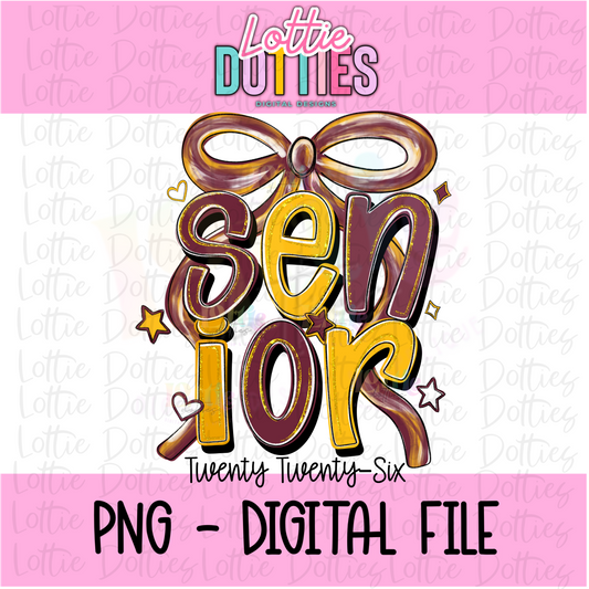 Senior Bow PNG - Maroon and Gold sublimation design - Digital Download
