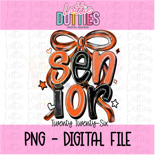 Senior Bow PNG - Orange and Black sublimation design - Digital Download
