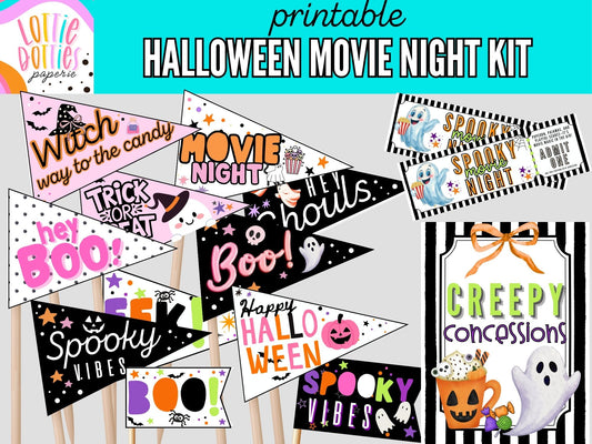 Printable Halloween Movie Night Kit | Spooky Movie Tickets, Pennant Flags & Creepy Concessions Sign | Halloween Party Decor Printable Set