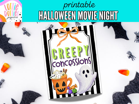 Printable Halloween Movie Night Sign | Cute Spooky Party Decorations | Trick or Treat, Movie Night & Boo Basket Printables