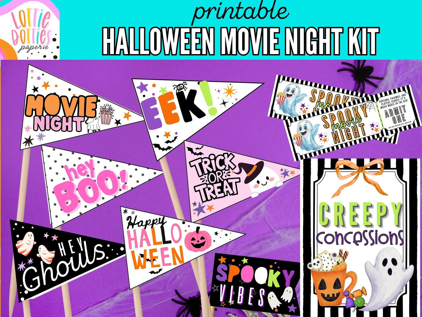 Printable Halloween Movie Night Kit | Spooky Movie Tickets, Pennant Flags & Creepy Concessions Sign | Halloween Party Decor Printable Set