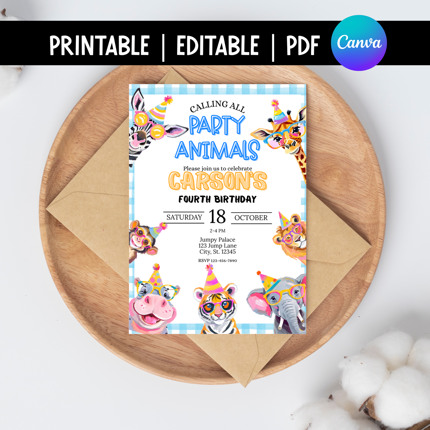 Party Animals Editable Birthday Invitation | Safari Jungle Animal Birthday Invite | Boy or Girl Zoo Party Printable | Blue Gingham
