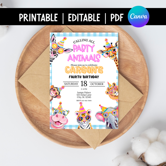 Party Animals Editable Birthday Invitation | Safari Jungle Animal Birthday for Girls | Pink Gingham Zoo Party Printable | Canva Template