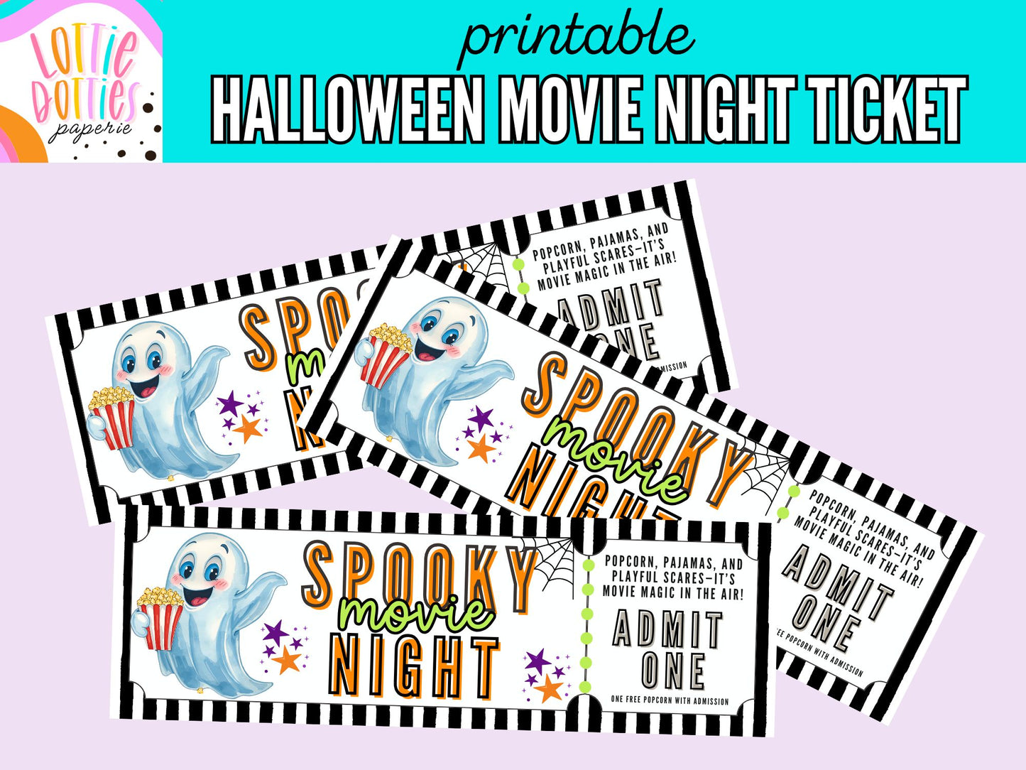 Printable Halloween Movie Night Tickets | Cute Spooky Party Decorations | Trick or Treat, Movie Night & Boo Basket Printables