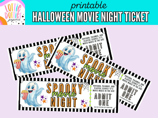 Printable Halloween Movie Night Tickets | Cute Spooky Party Decorations | Trick or Treat, Movie Night & Boo Basket Printables
