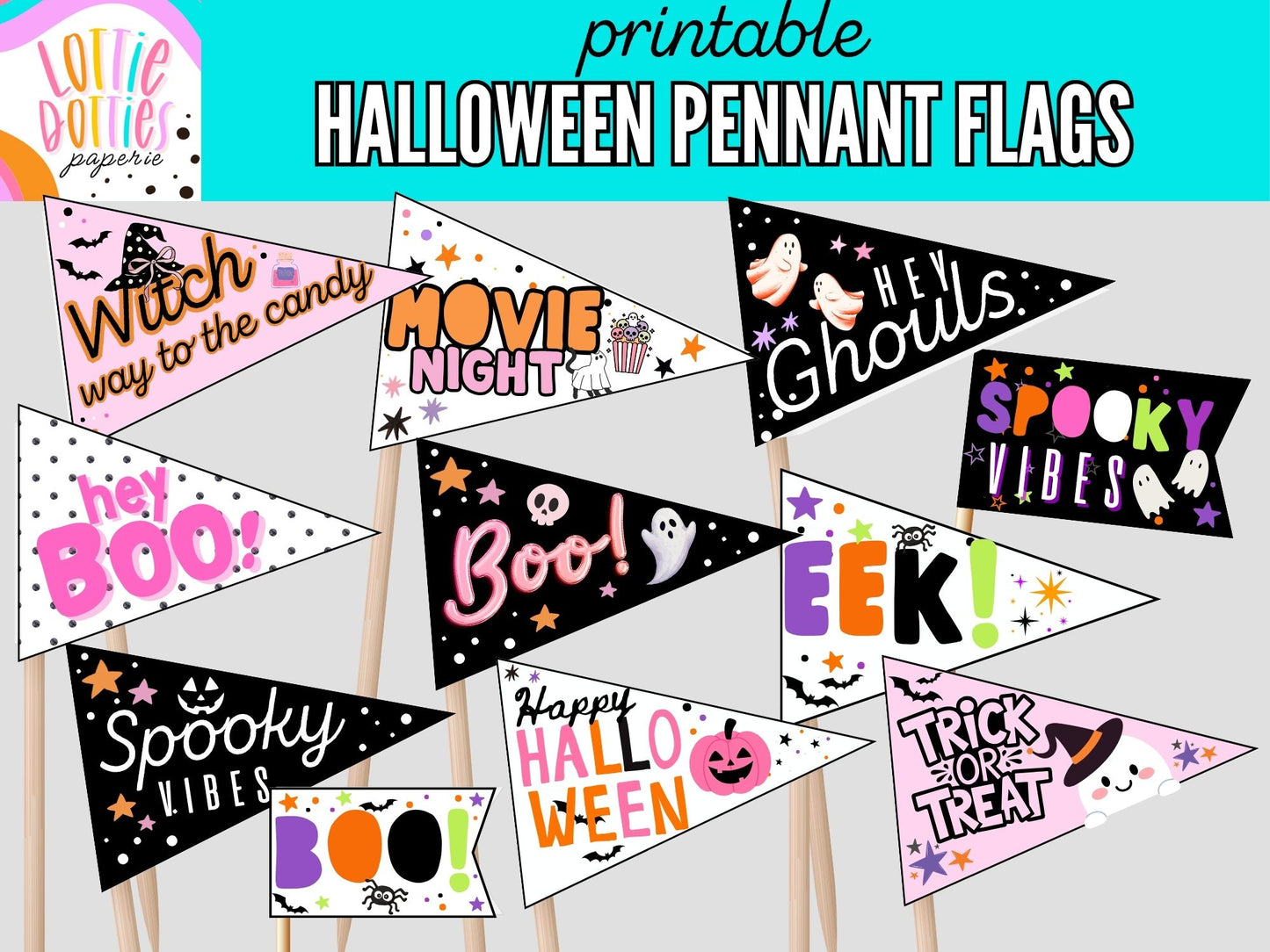 Printable Halloween Pennant Flags | Cute Spooky Party Decorations | Trick or Treat, Movie Night & Boo Basket Printables