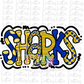 Sharks PNG - Sublimation Design - Digital Design - Royal Blue and Gold