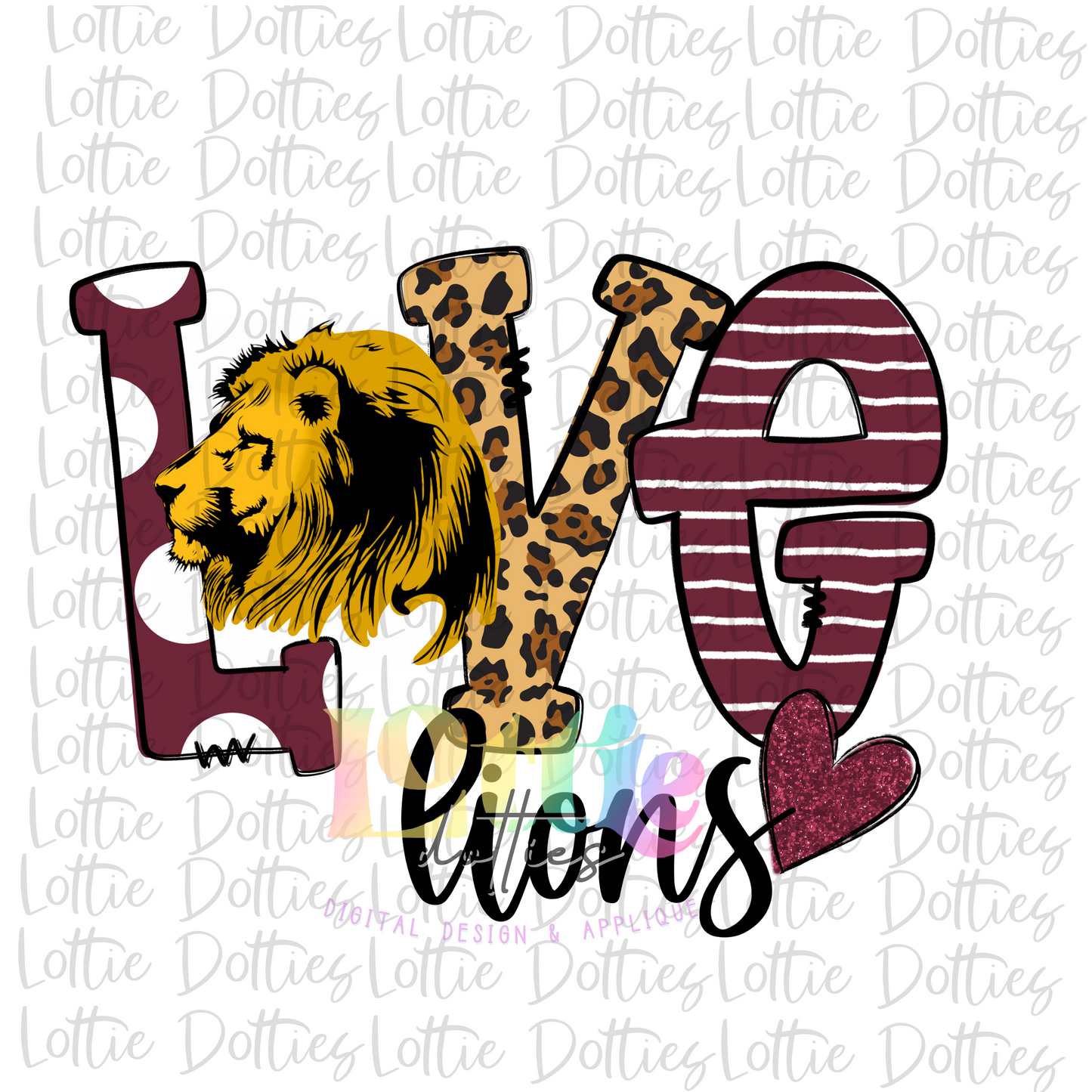 Love Lions PNG - Lions -  Sublimation Design - Digital Download - Maroon and White