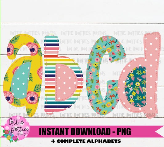 Floral and Stripe Faux Applique Alphabet - Alpha Pack - Alphabet Clipart - Instant Download - Rainbow