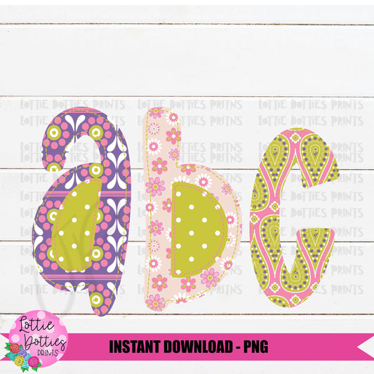 Purple Pink and Green Faux Applique Alphabet - Alpha Pack - Alphabet Clipart - Instant Download