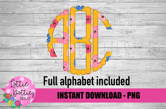 Mustard Floral Scallop Alphabet - Alpha Pack - Alphabet Clipart - Instant Download