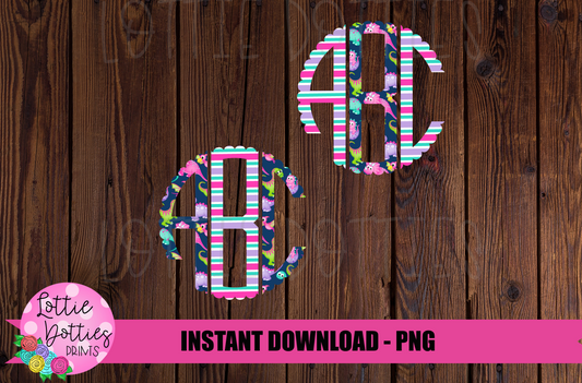 Girl Dino Scallop Monogram Alphabet - Alpha Pack - Alphabet Clipart - Instant Download