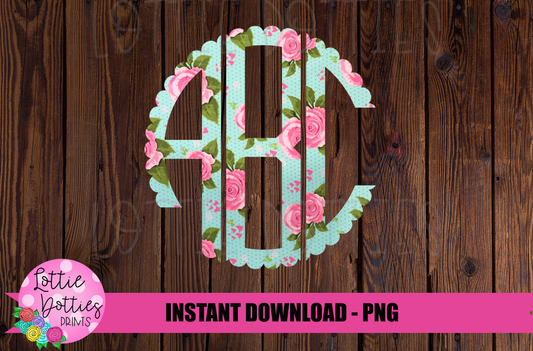 Aqua Floral Scallop Monogram Alphabet - Alpha Pack - Alphabet Clipart - Instant Download