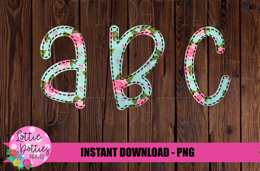 Aqua Floral Faux Applique Alphabet - Alpha Pack - Alphabet Clipart - Instant Download - Floral