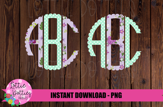 Purple Floral and Mint Scallop Monogram Alphabet - Alpha Pack - Alphabet Clipart - Instant Download