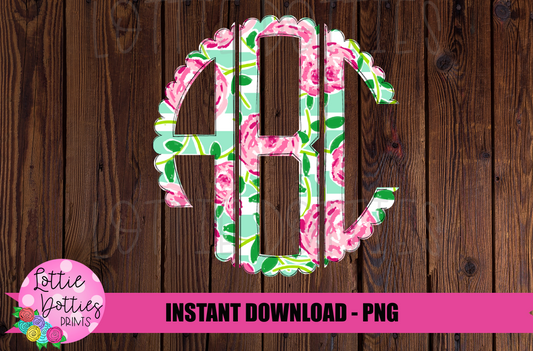 Pink and Green Floral Scallop Monogram Alphabet - Alpha Pack - Alphabet Clipart - Instant Download