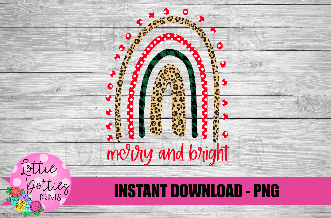 Merry and Bright PNG - Christmas Sublimation - Leopard Rainbow