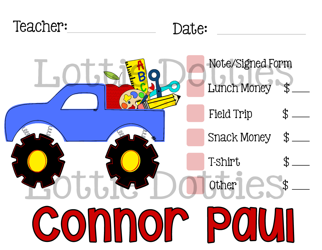 Teacher Note Template - School Monster Truck