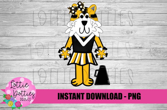 Tiger Cheerleader Png - Black and Gold Bow - Football Sublimation Design